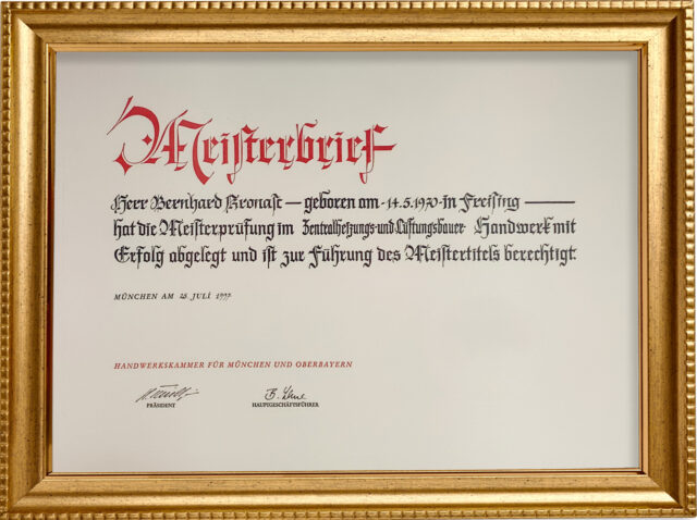 Meisterbrief Bernhard Kronast Heizung Lüftung Sanitär Hallbergmoos